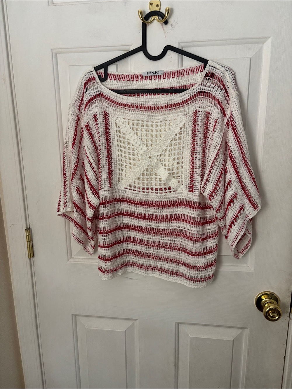 Open Knit Striped Pullover Sweater with Crochet Panel - White & Red